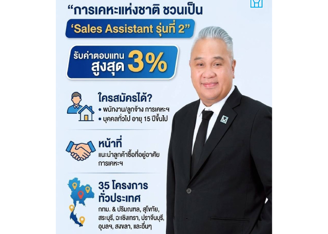 การเคหะแห่งชาติ เปิดโมเดล “Sales Assistant รุ่นที่ 2” ชวนคนทั่วไปร่วมขายบ้าน รับค่าตอบแทนสูงสุดร้อยละ 3