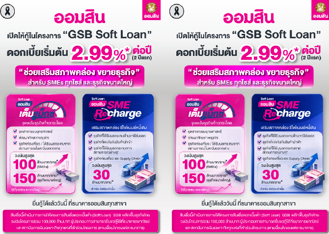 ออมสินเต็มแม็กซ์ / SMEs Recharge-2 สินเชื่อโครงการ GSB Soft Loan ยื่นกู้ได้แล้ววันนี้