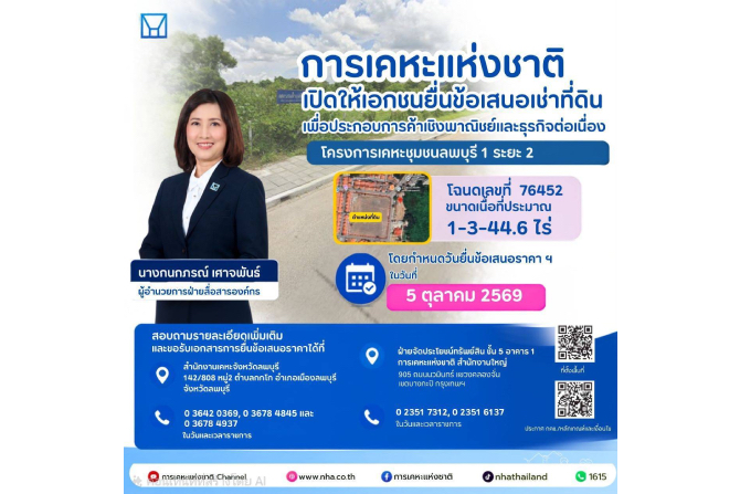 การเคหะแห่งชาติเปิดให้เอกชนยื่นข้อเสนอเช่าที่ดินเชิงพาณิชย์ โครงการเคหะชุมชนลพบุรี 1 ระยะ 2